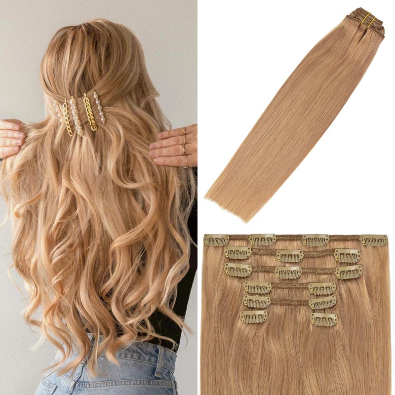 WindTouch Clip in Hair Extensions Real Human Hair Dark Blonde Hair Extensions 15Inch Straight 7PCS 12 Reddish Blonde 75g Human Hair Clip In Extensions